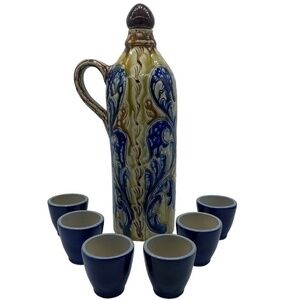 Vintage German Glazed Pottery Decanter and 6 Shot Glasses Art Deco
